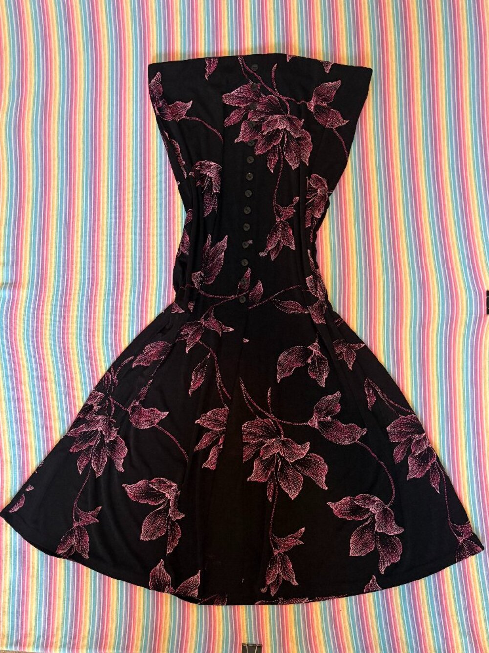 Vintage 90s Briggs Black Pink Floral Button Front Maxi Skirt Large Made in USA